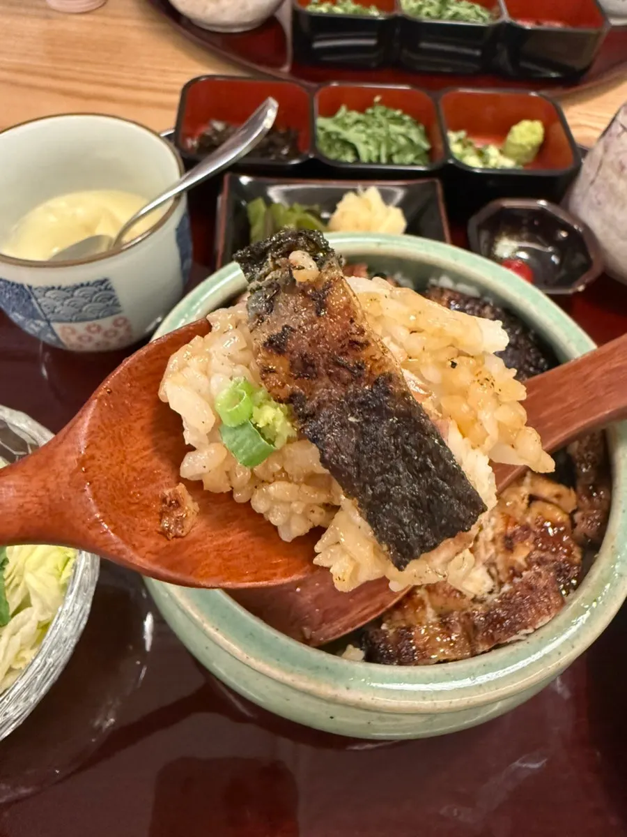A spoonful of eel rice bowl topped with scallion, wasabi and gim