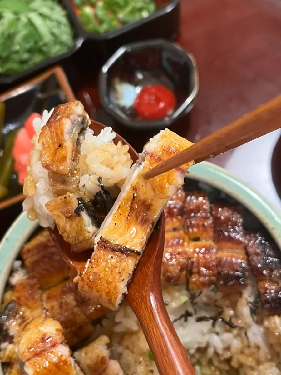 Eel being grilled in Unagiwa's open kitchen