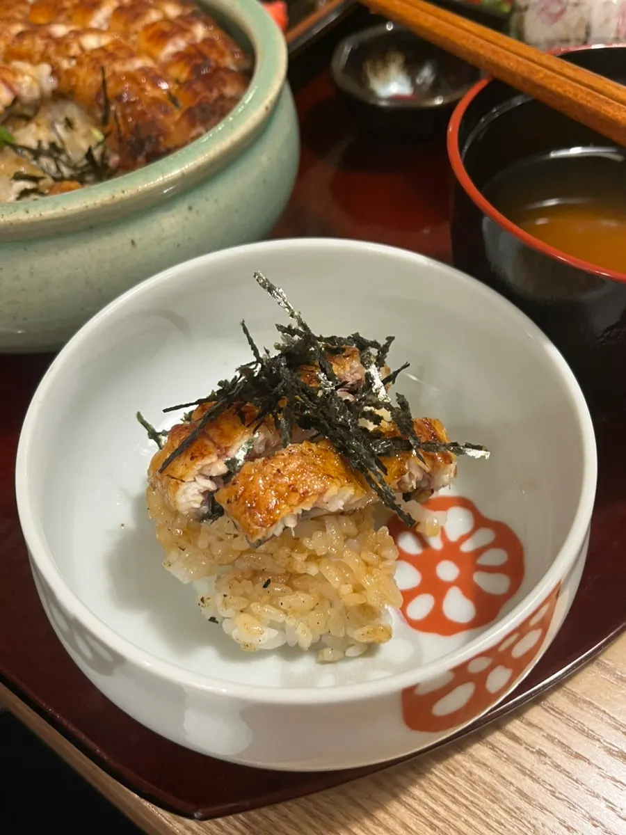Unagiwa's eel rice bowl eaten ochazuke-style with tea poured over it