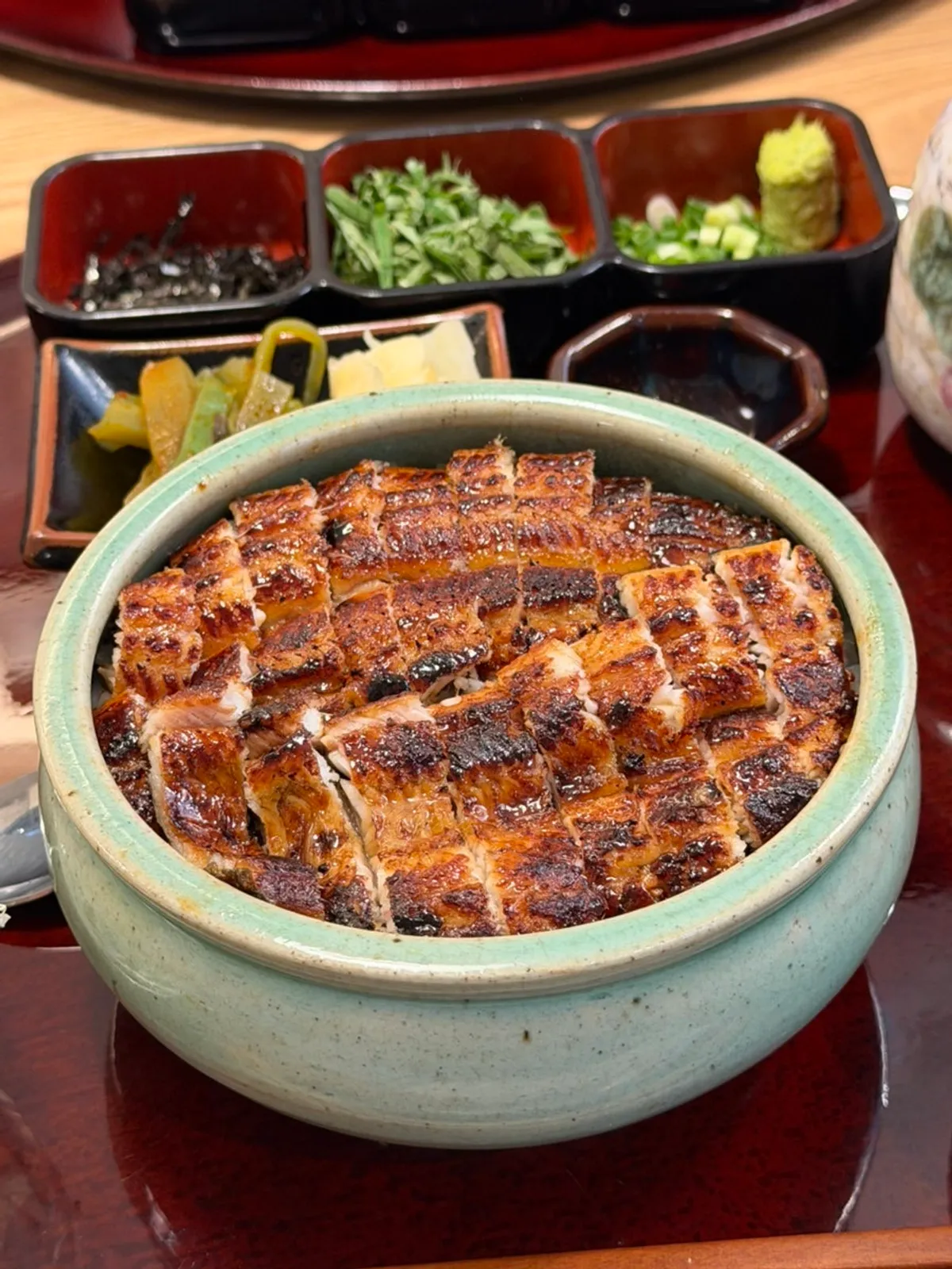Hitsumabushi set with a whole eel on top