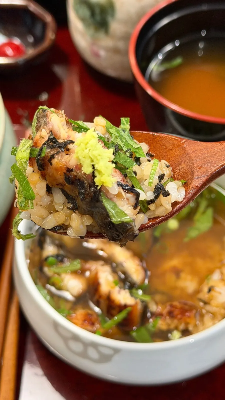 Eel rice bowl turned into ochazuke with poured broth