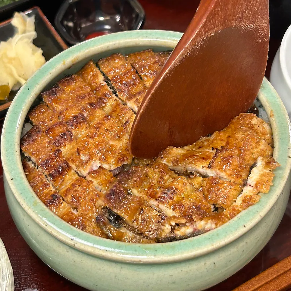 A piece of hitsumabushi eel lifted with rice