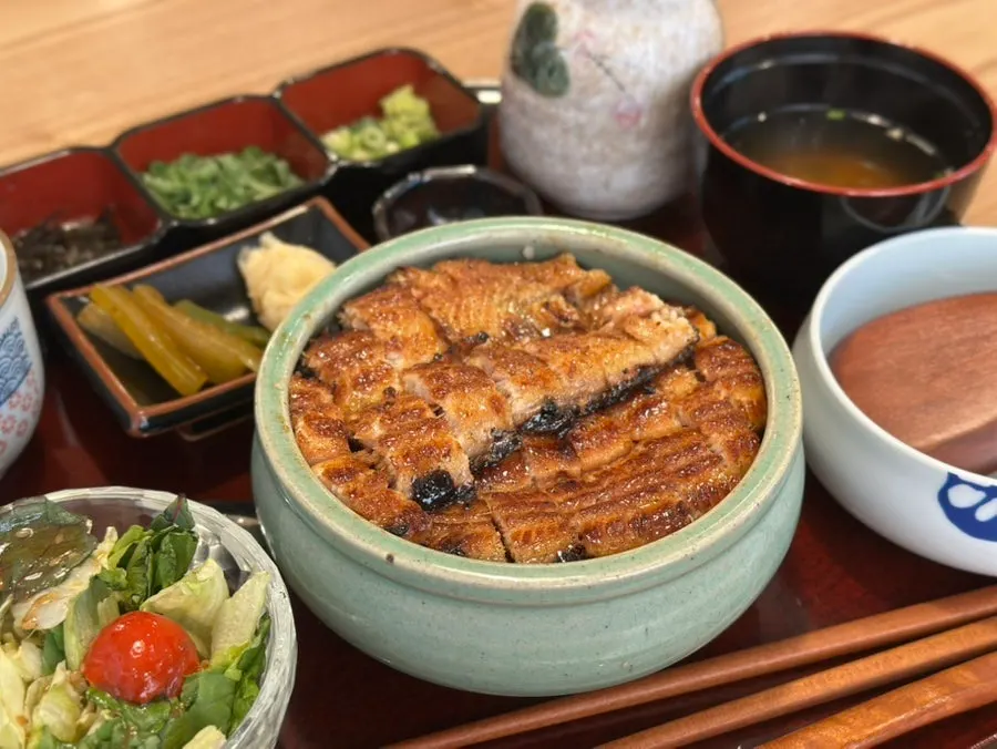 Close-up of charcoal-grilled eel rice bowl