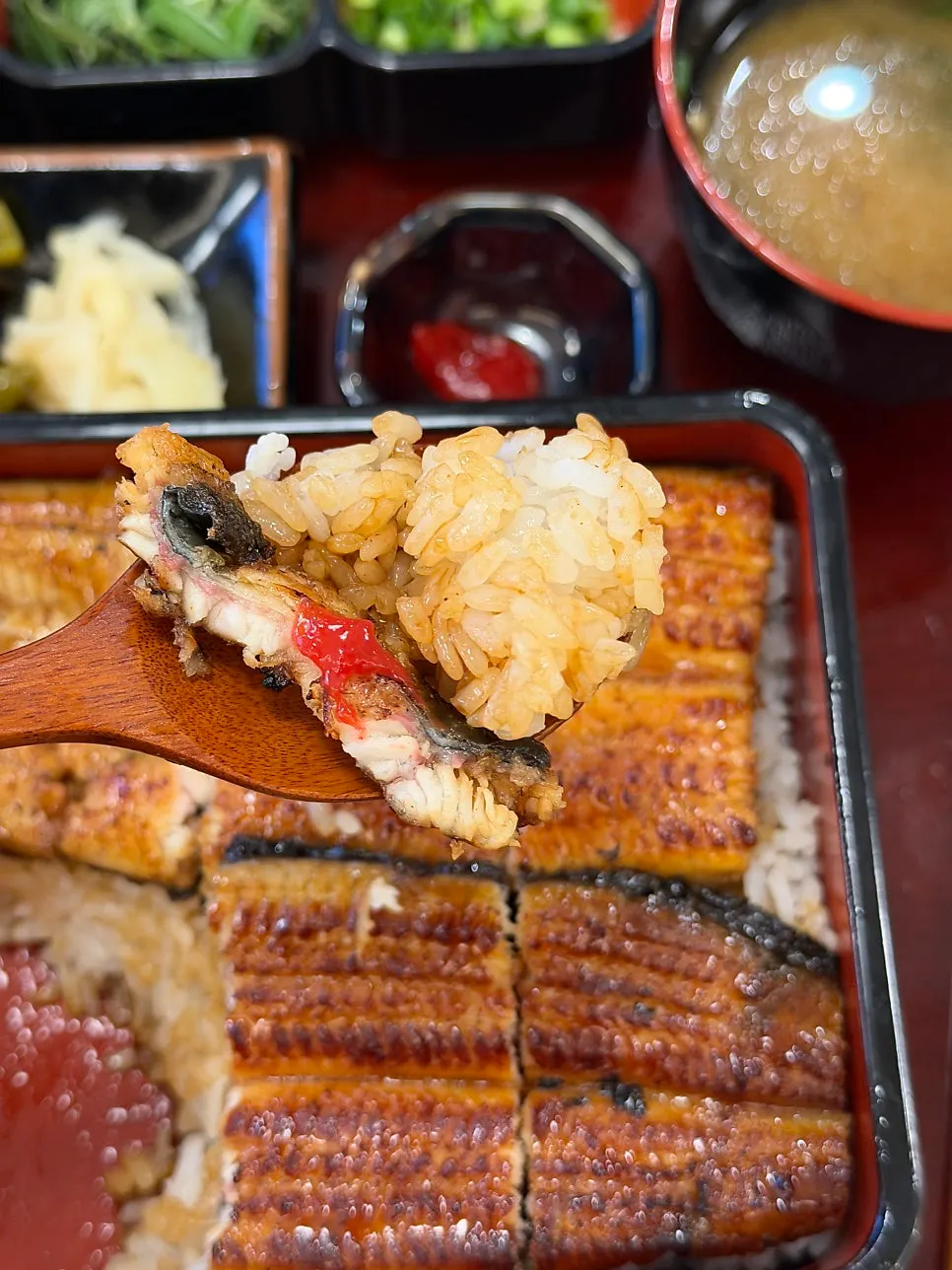 Eel rice bowl topped with spicy sauce