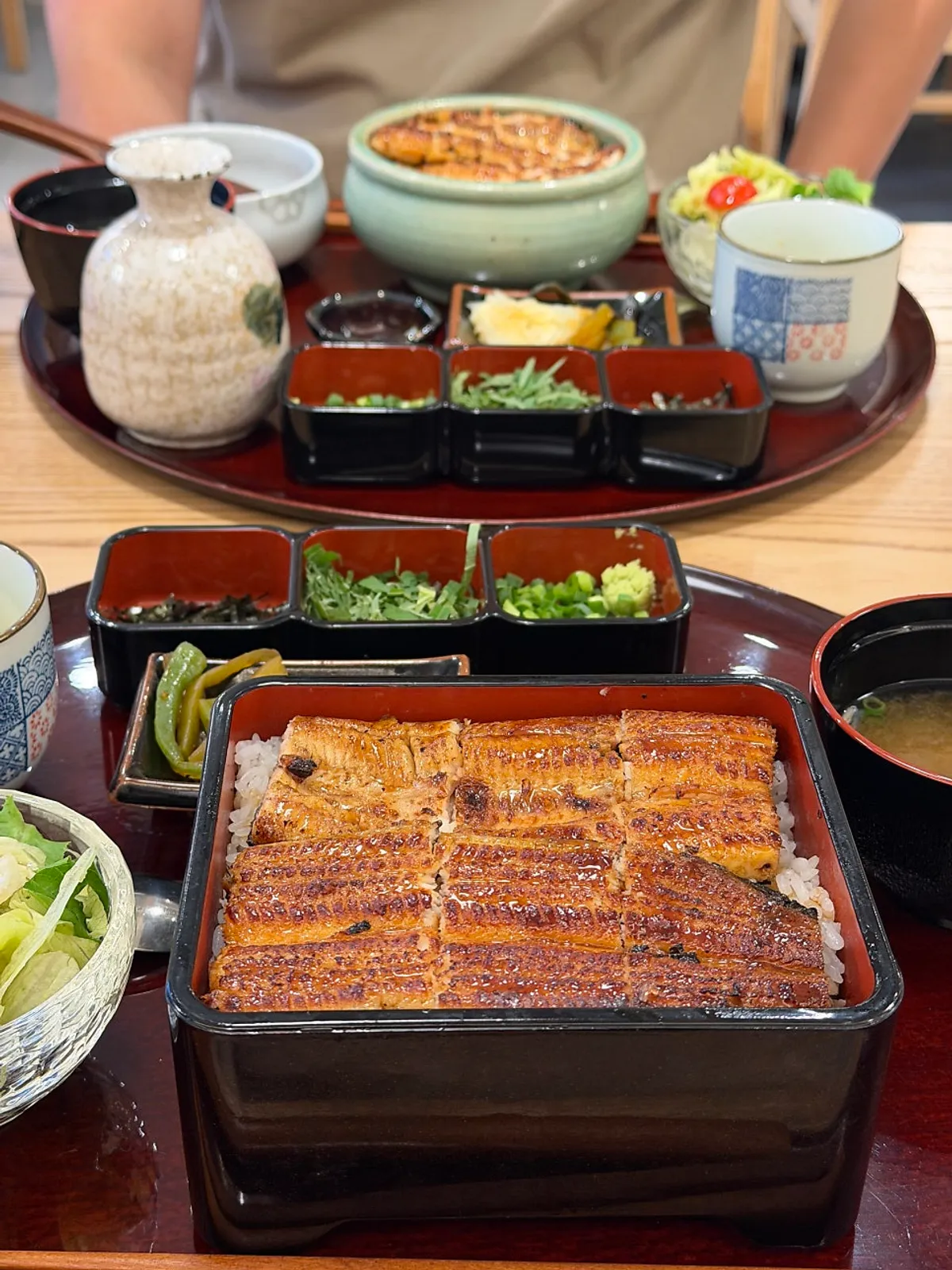 Full lunch spread of eel rice bowls at Unagiwa