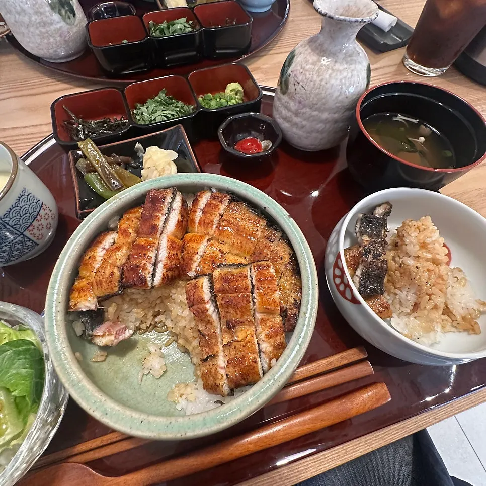 Hitsumabushi divided into four portions with scallion and wasabi on the side