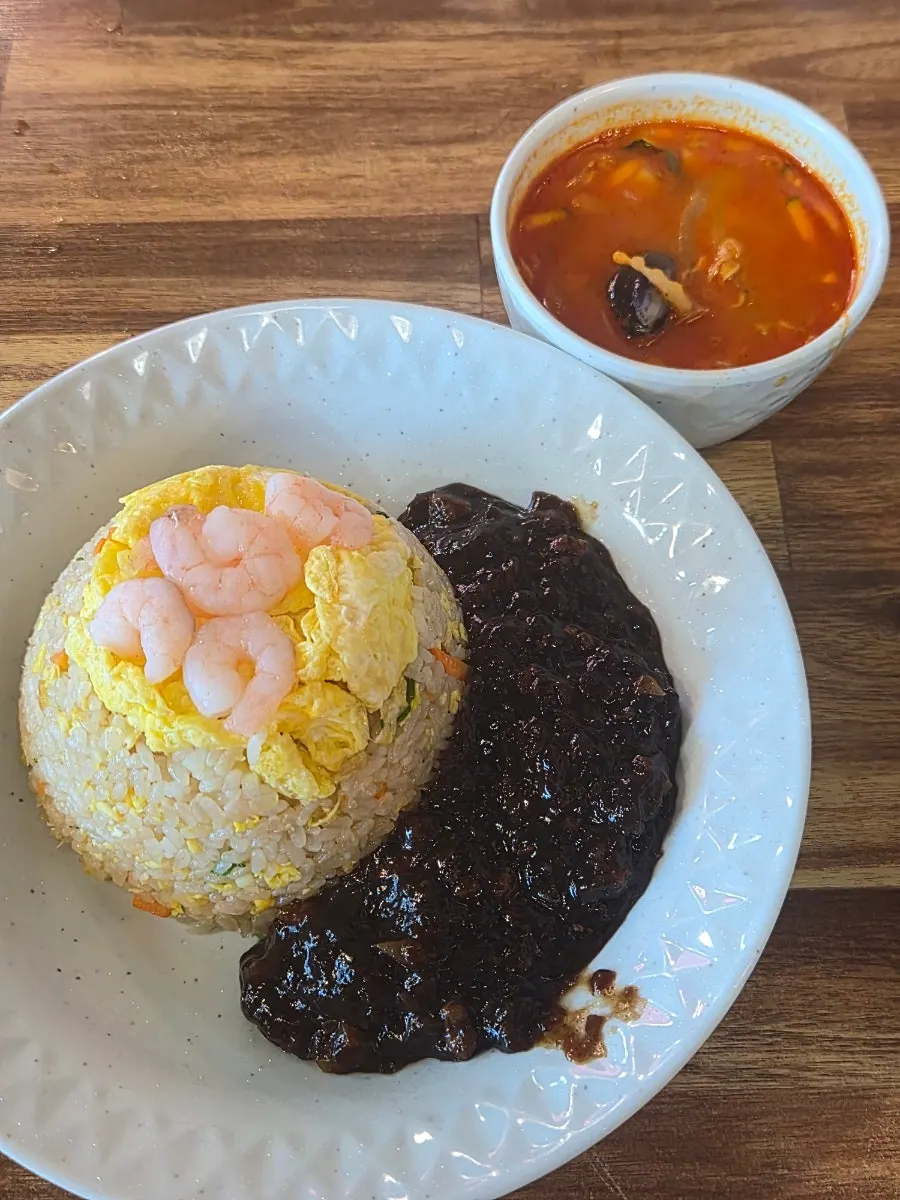 Shrimp egg fried rice with jjajang sauce