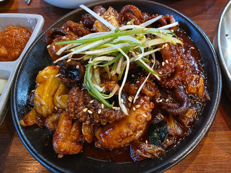Vivid red seasoned stir-fried octopus