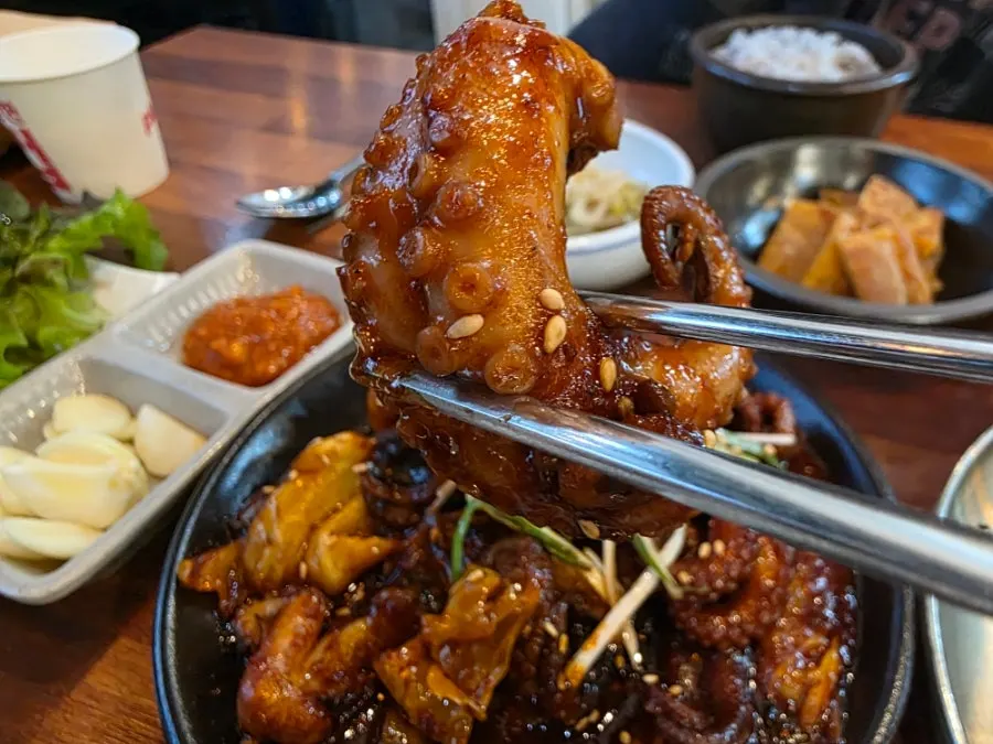 Chopsticks picking up a plump piece of octopus