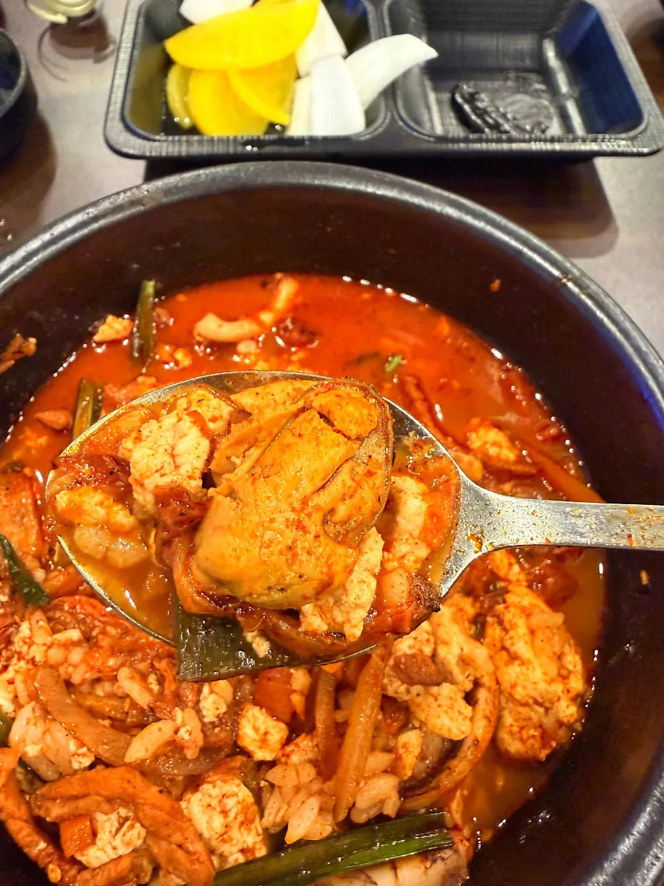 Close-up of sundubu jjambbong rice mixed together