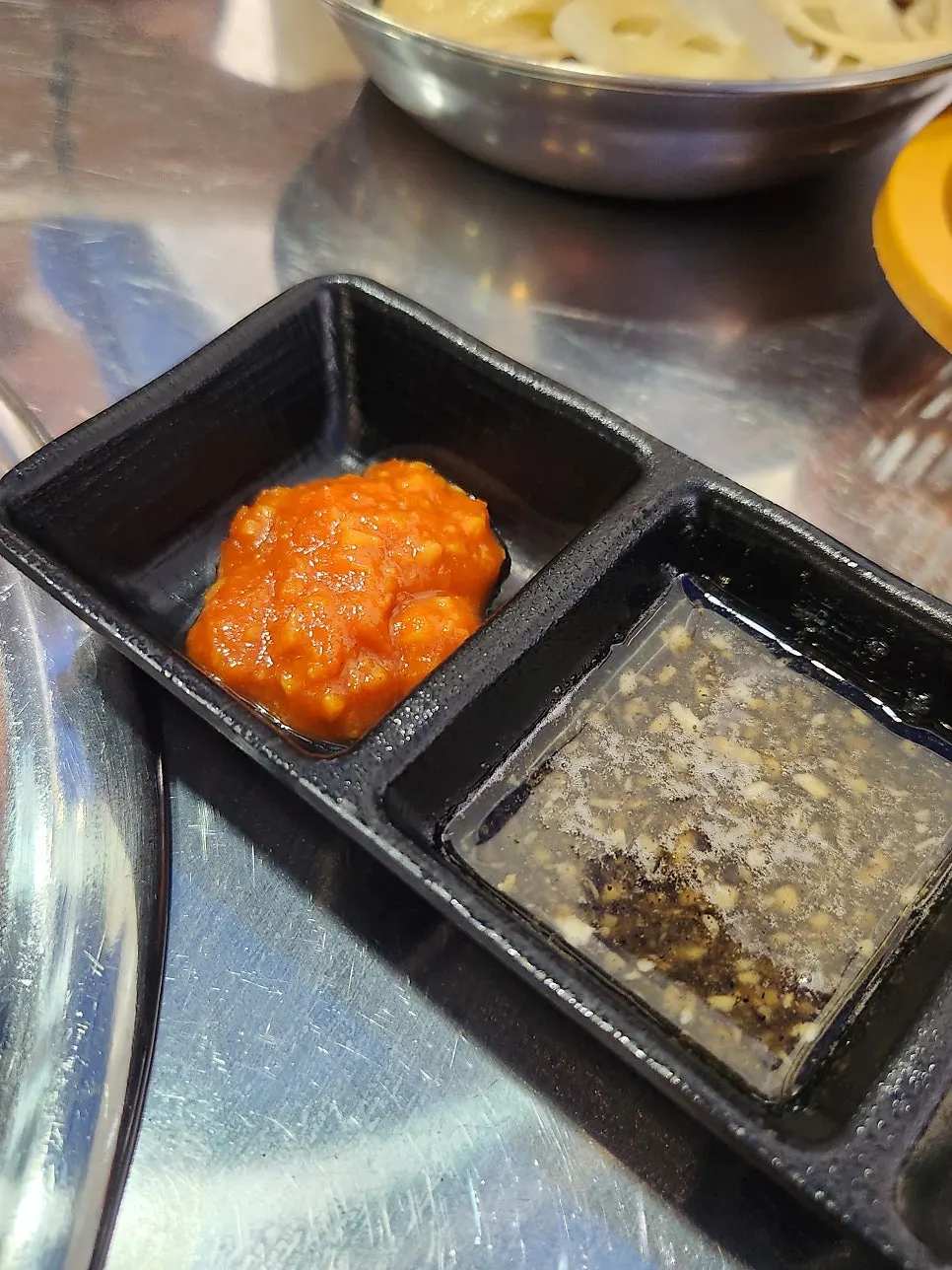 Ssamjang, sesame oil sauce, salt, and wasabi setup