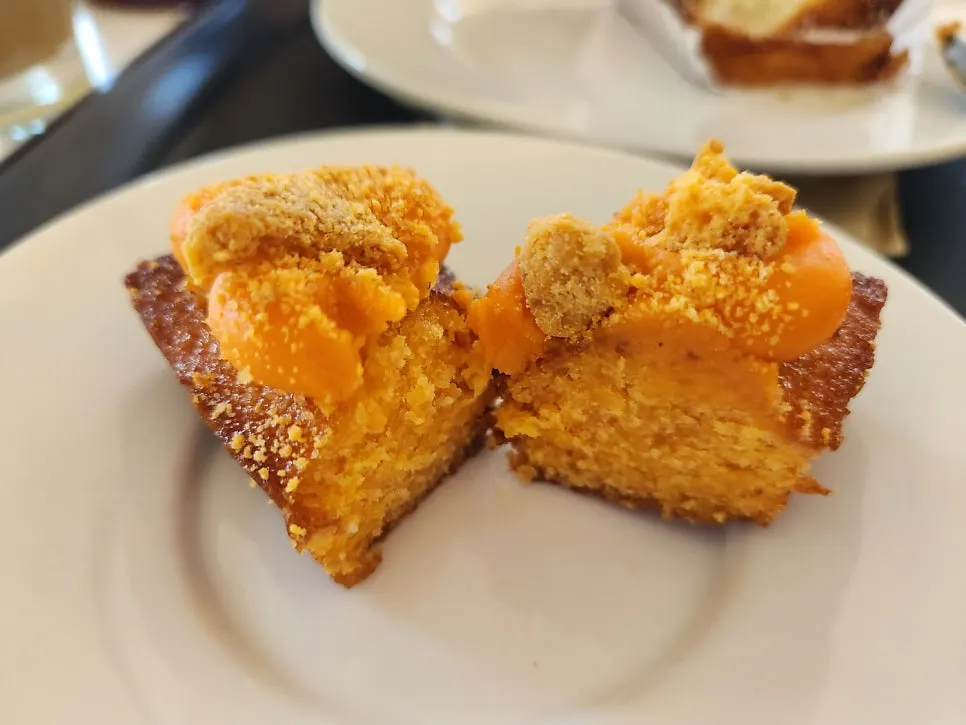 Cross-section of a hwangchiju financier cut in half