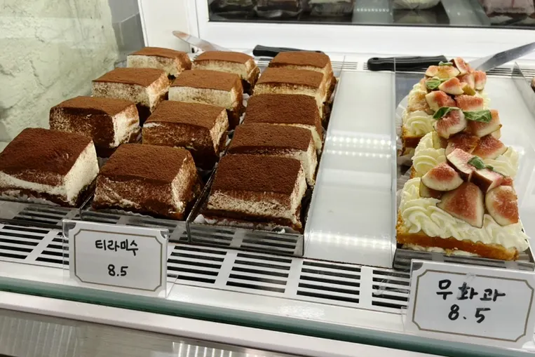 Cakes in the dessert display case