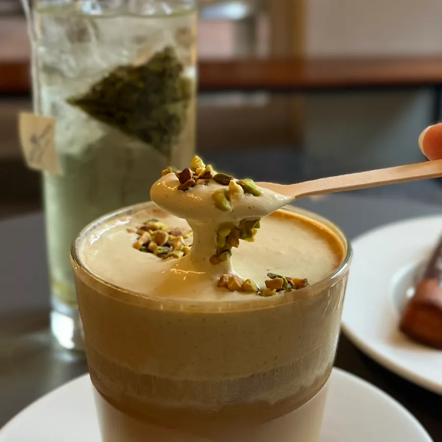 Chewy cream topped with crushed pistachio