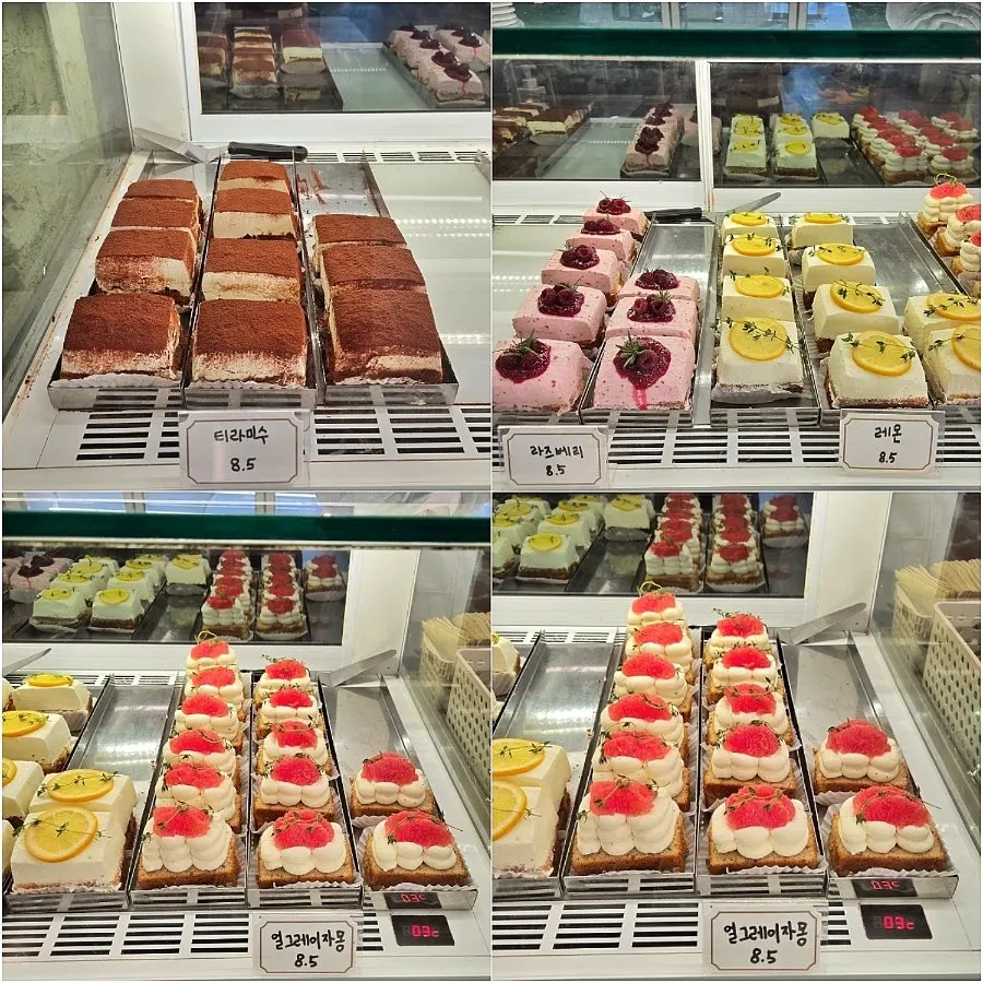 Slice cakes in Upper and Under's dessert display case
