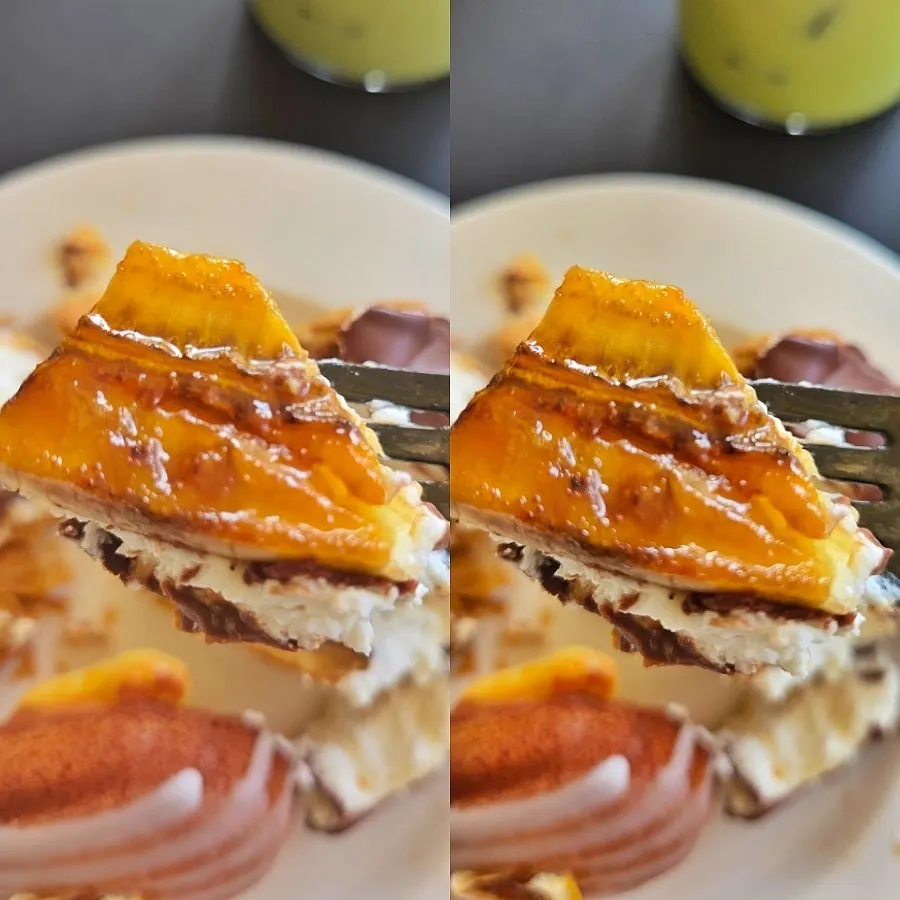 Cross-section of the choco banana pie with a cup of coffee