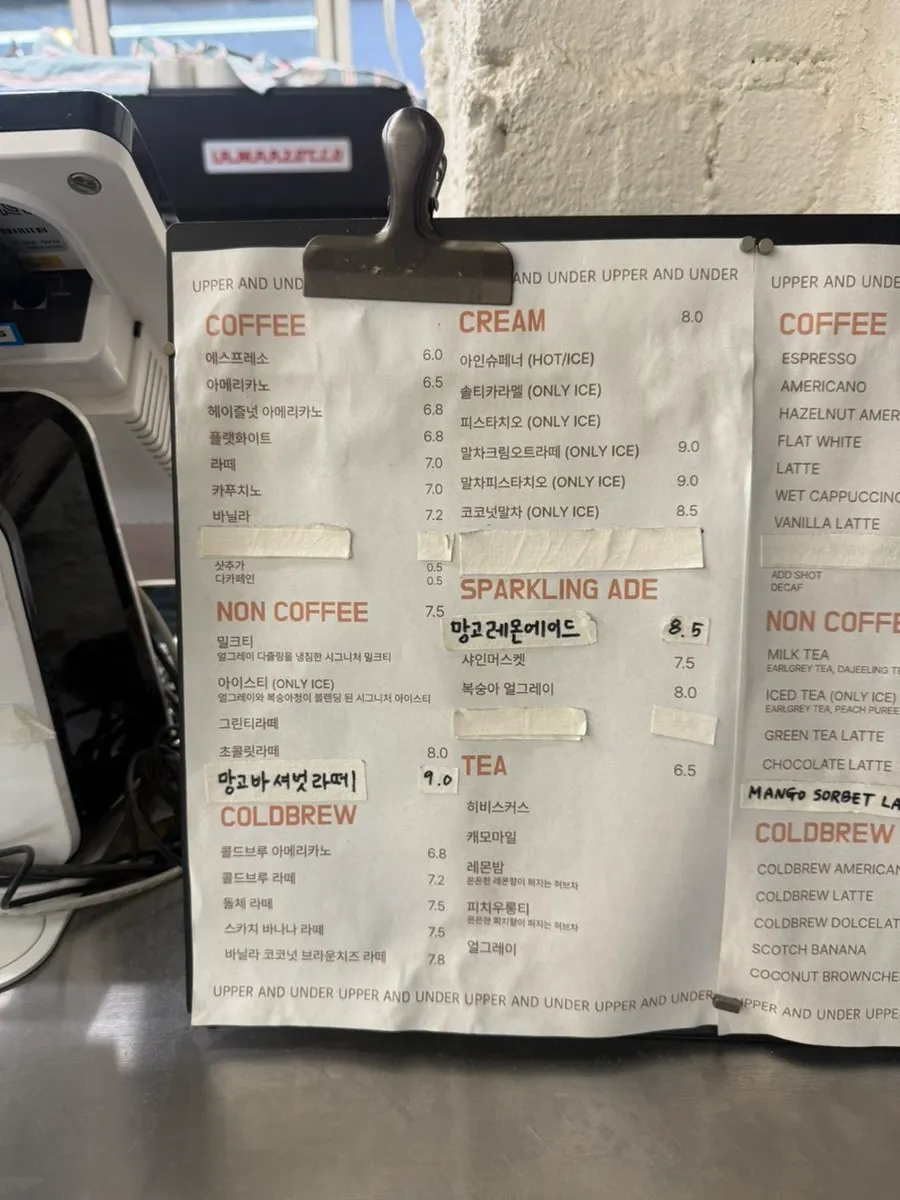 Menu board for Upper and Under's signature cream drinks