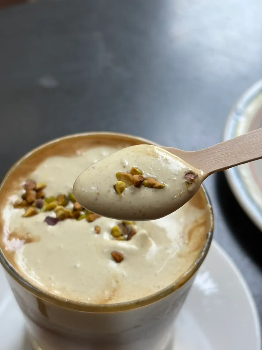 Close-up of the pistachio cream latte