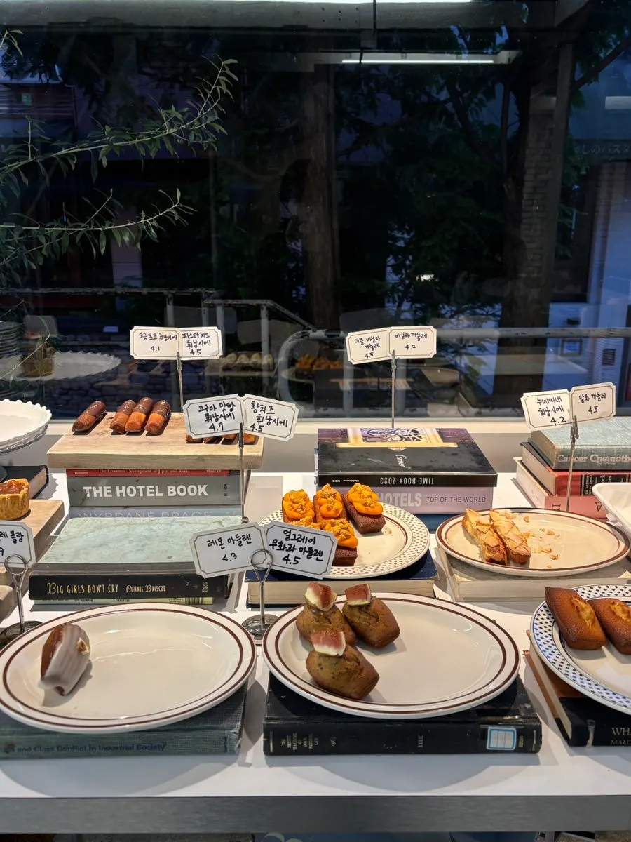 Baked goods displayed in the showcase