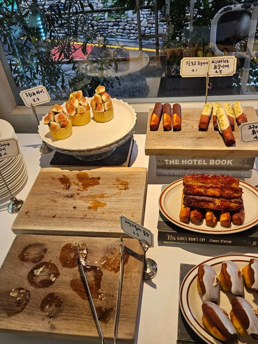 Close-up of the dessert showcase at Upper and Under