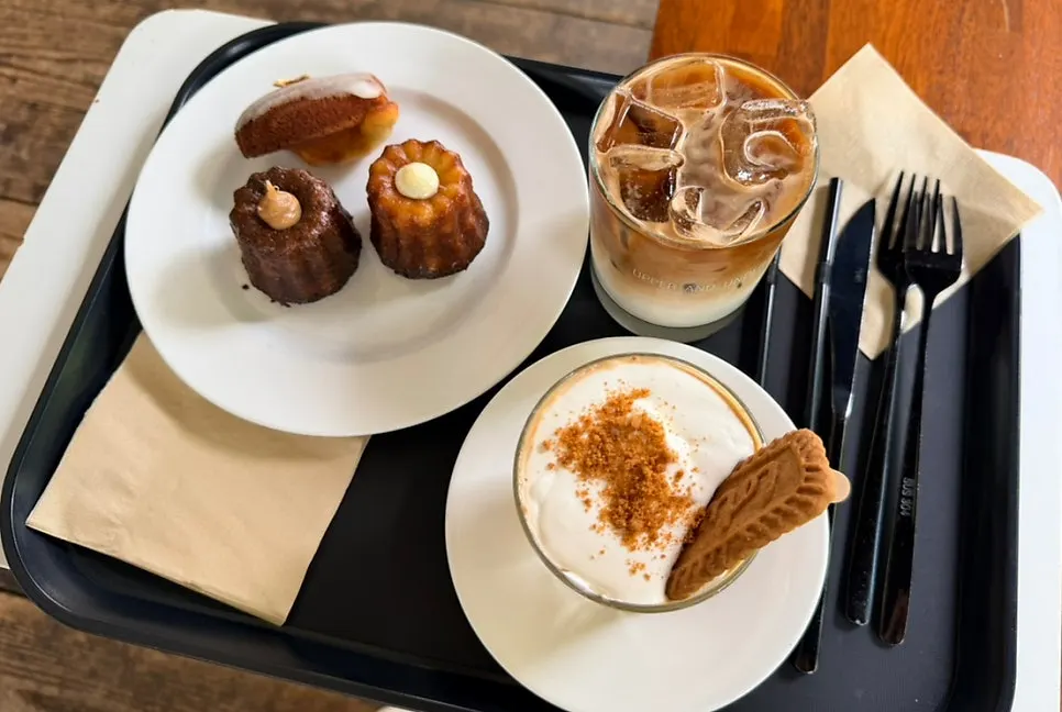 Salted caramel latte and iced latte side by side