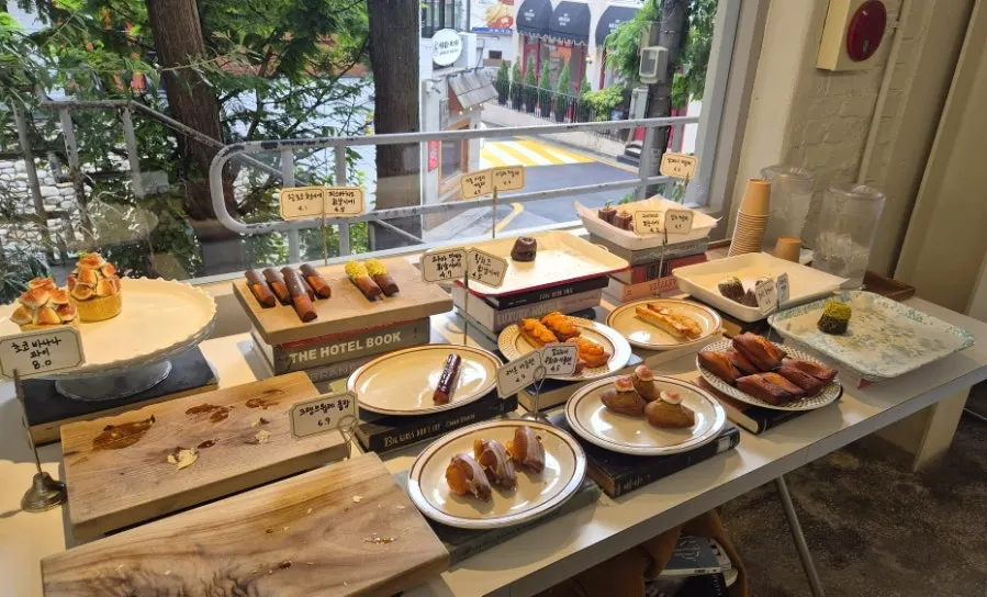Cakes and baked goods in the display case