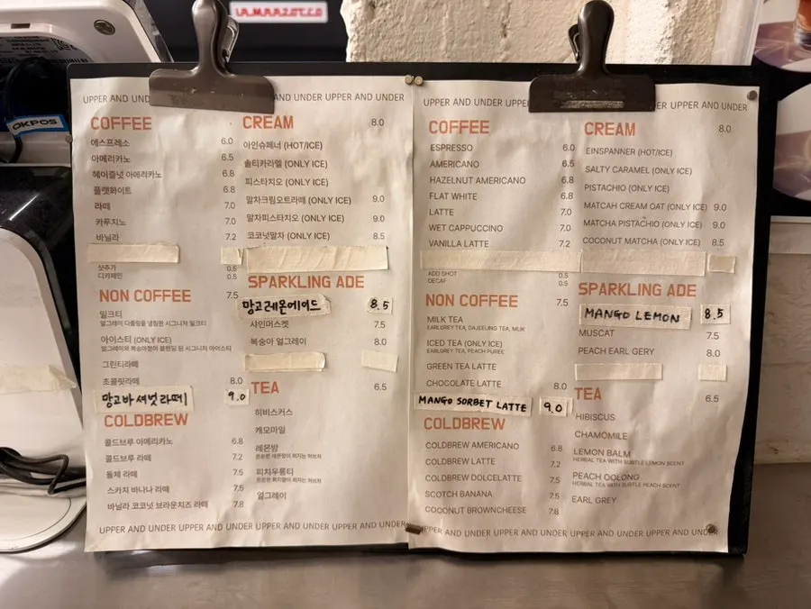 Upper and Under's coffee menu board