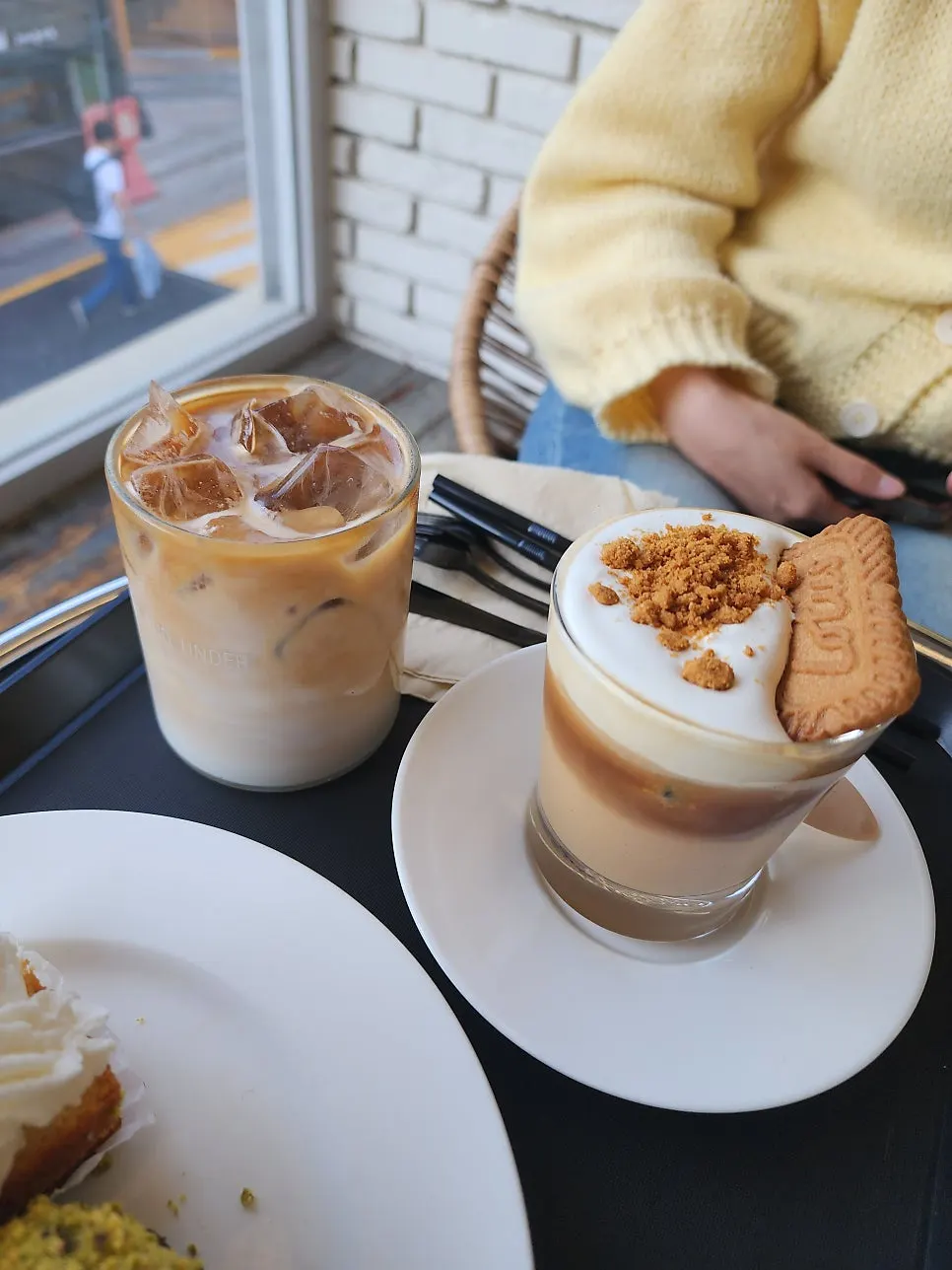 Pistachio canelé and café latte