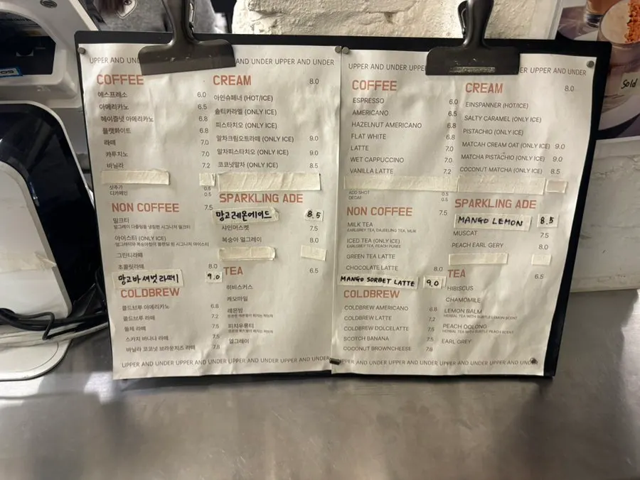 Upper and Under's drink menu board