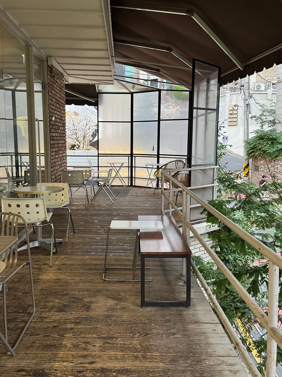 2nd-floor outdoor terrace seating at Upper and Under