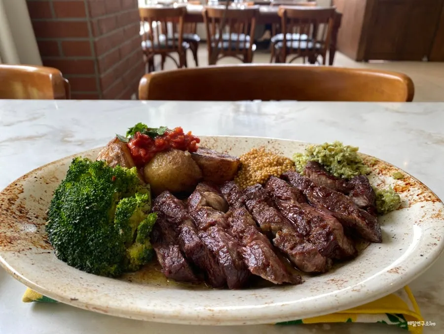A plate of sirloin steak served with potato and broccoli