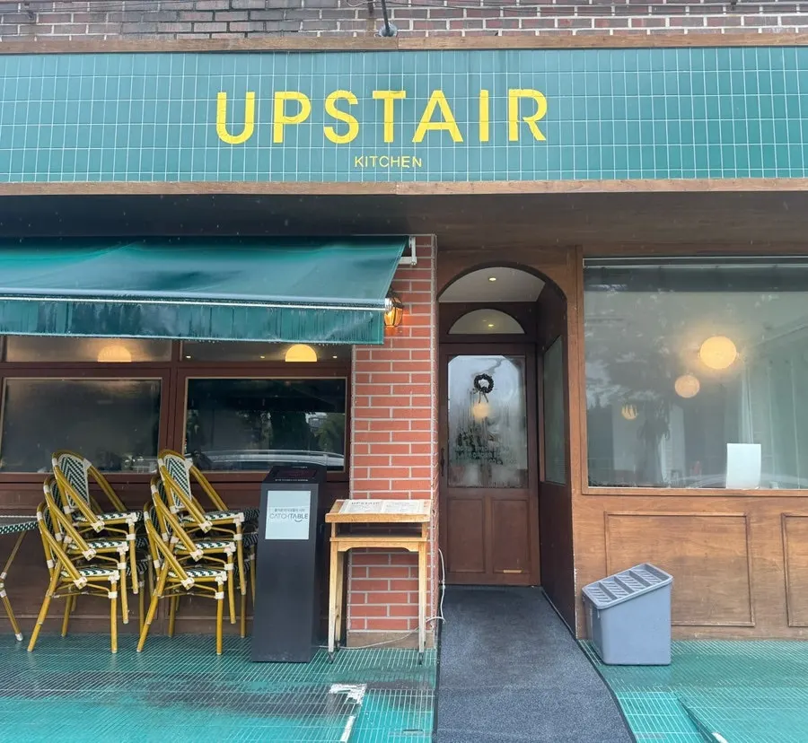 Exterior of Upstairs Kitchen Bamridan-gil Branch with its teal-tiled sign