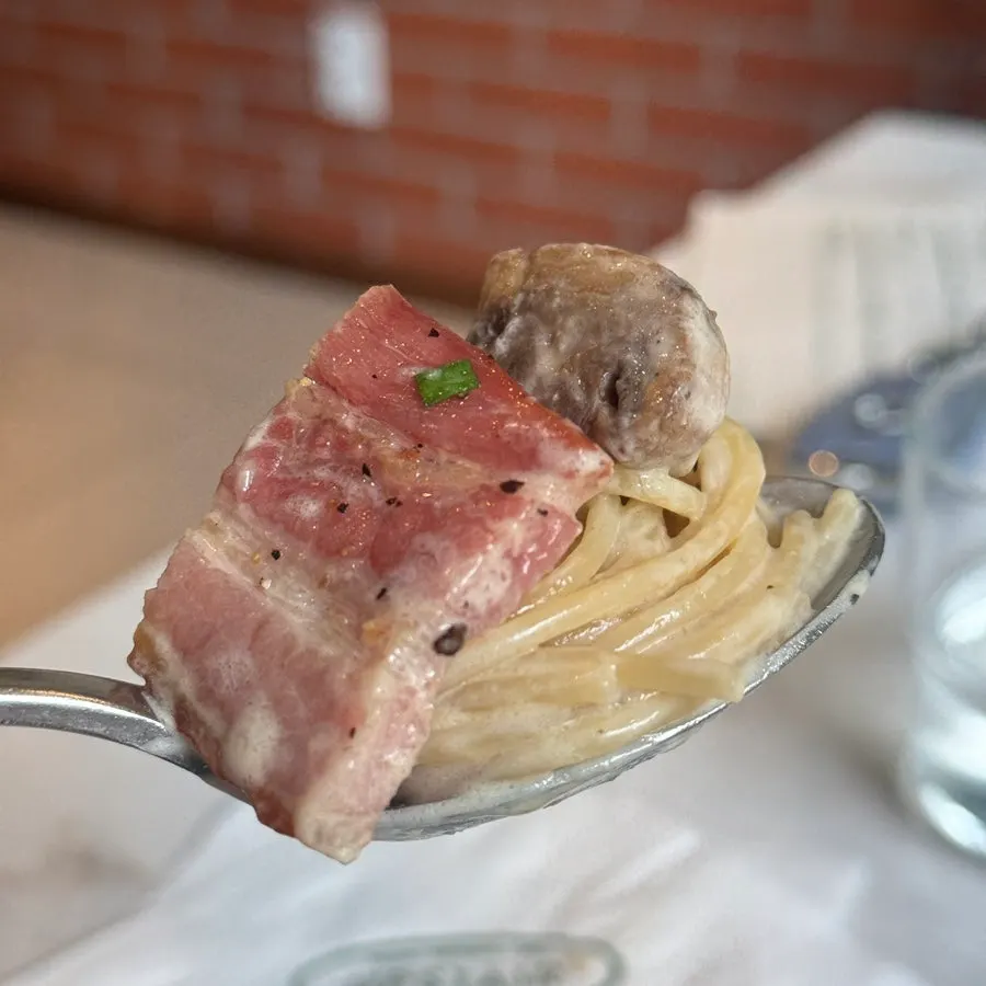 Mushroom cream pasta with thick cream sauce clinging to the noodles