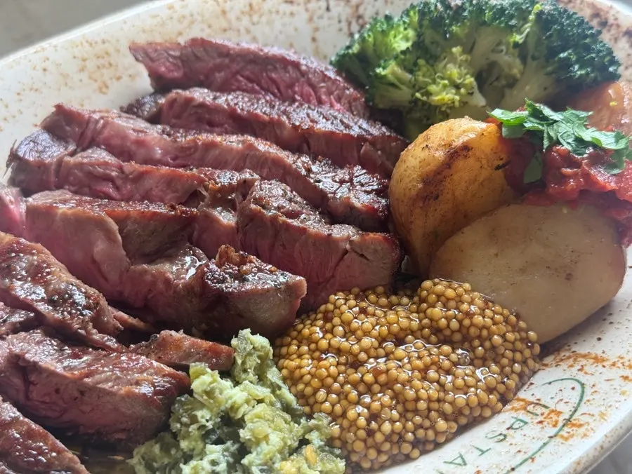 Cross-section of the sirloin steak cooked medium rare