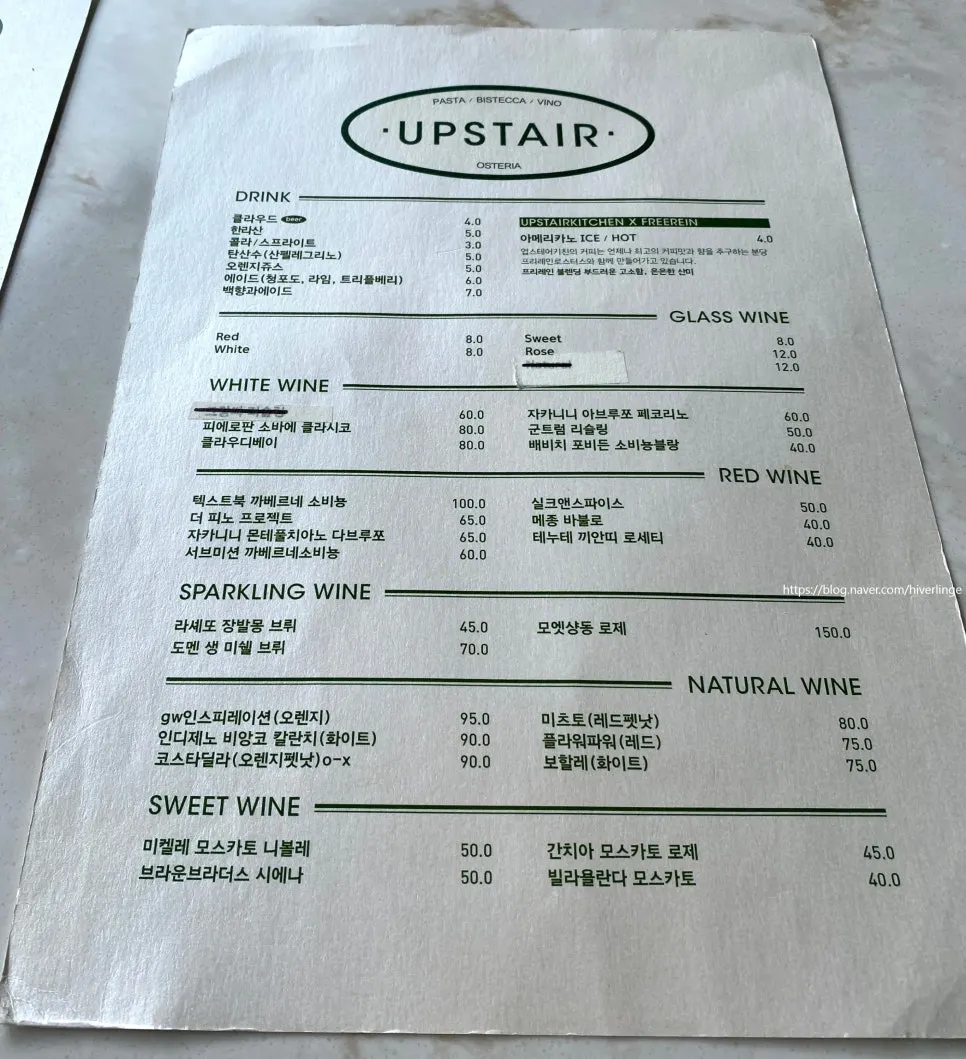 Drinks and alcohol menu at Upstairs Kitchen
