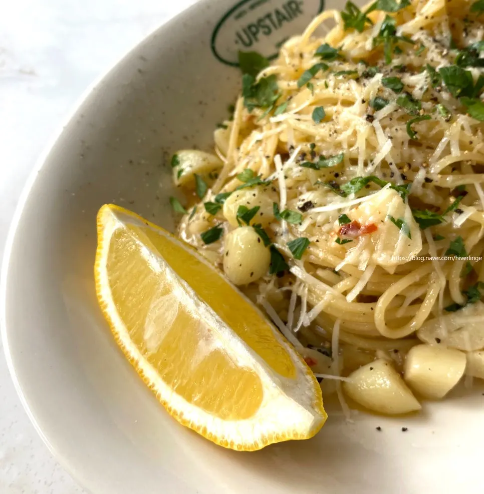 Close-up of garlic-loaded aglio olio pasta