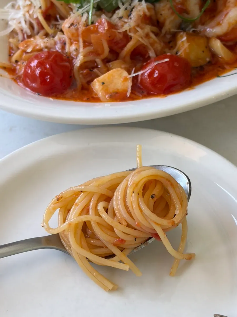Pasta showing plump shrimp