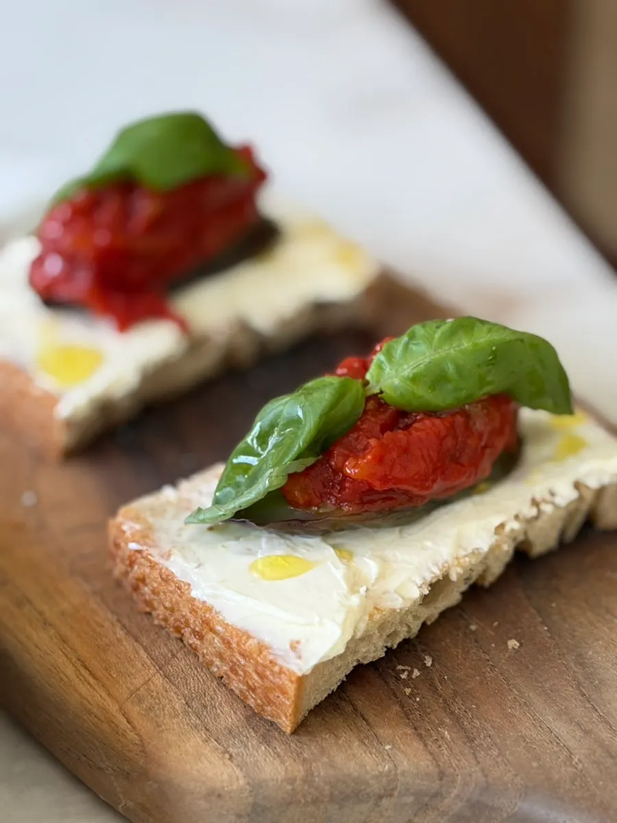Close-up of the bruschetta topping