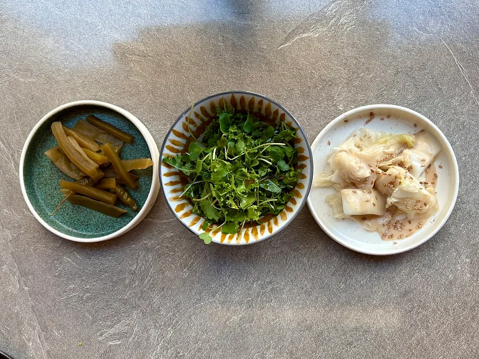 Dipping sauces including salt, wasabi and seed mustard