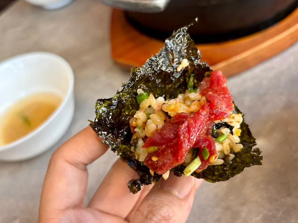 Yukhoe bibimbap mixed with gochujang