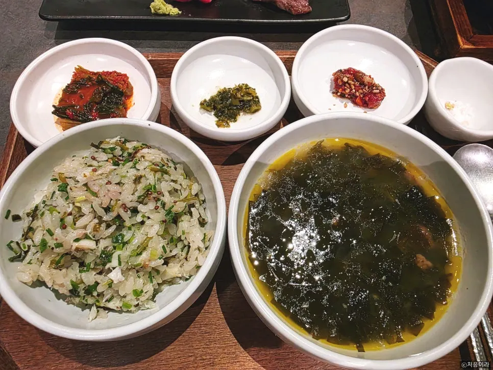 Table spread including hanwoo seaweed soup