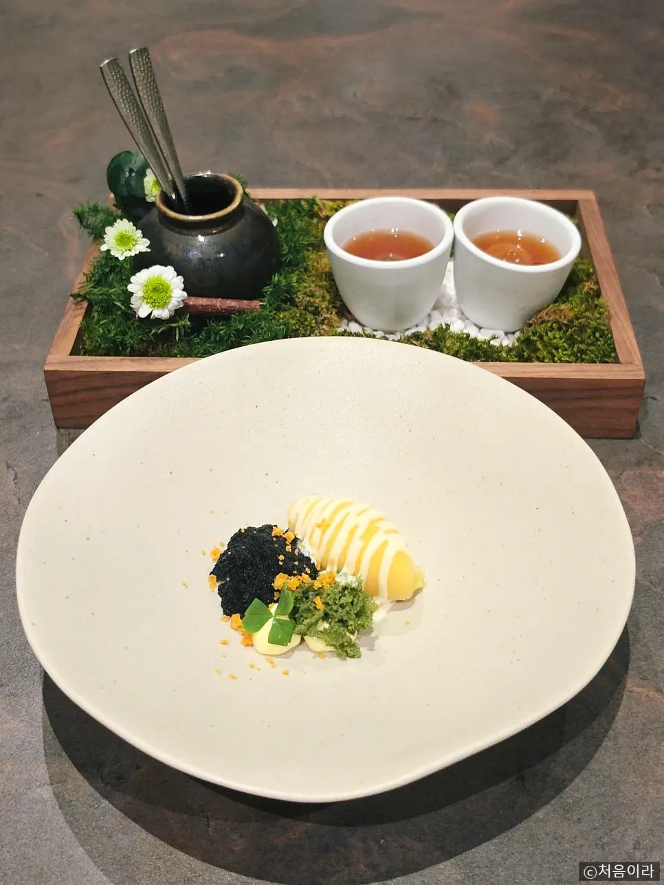 Corn ice cream and corn cake dessert plating