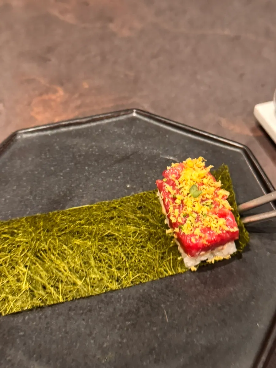 Close-up of yukhoe gamtae with house-made aioli sauce