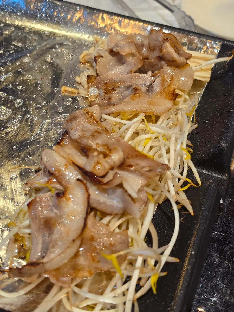 Fried shrimp, steamed egg, and fish cake eaten before the meat finished cooking