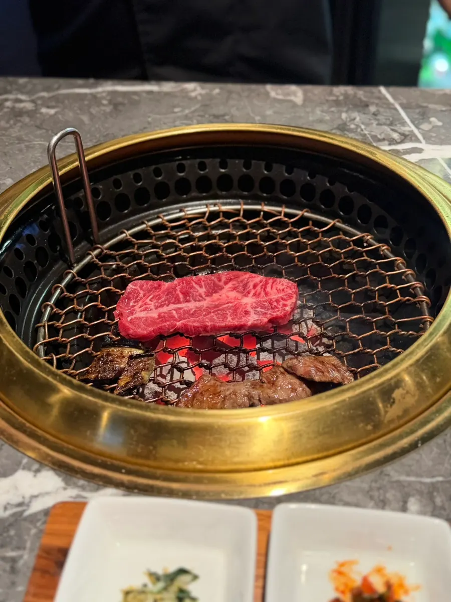 Large, vividly marbled hanwoo hanger steak