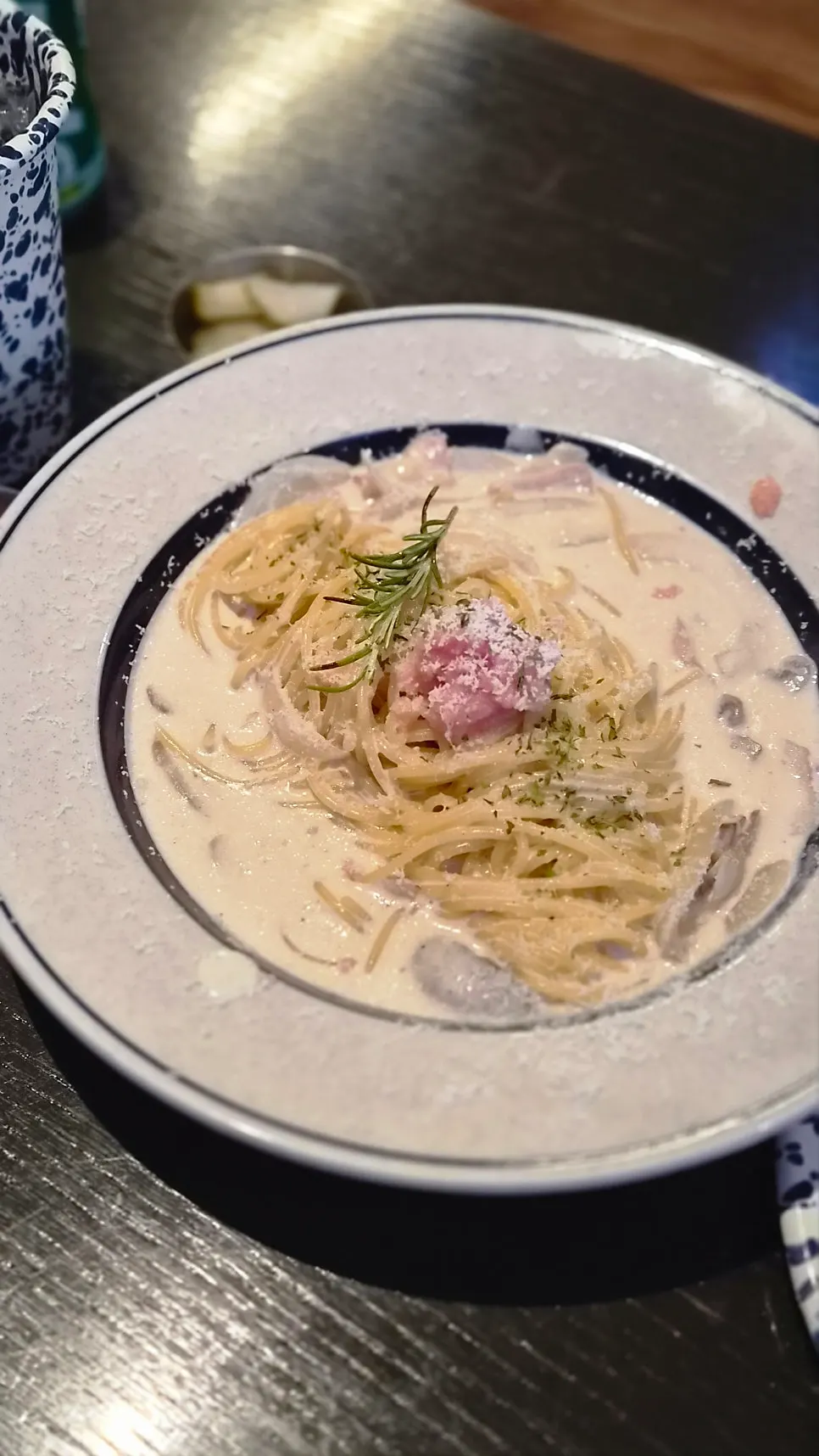 Cream pasta topped with pollack roe and bacon