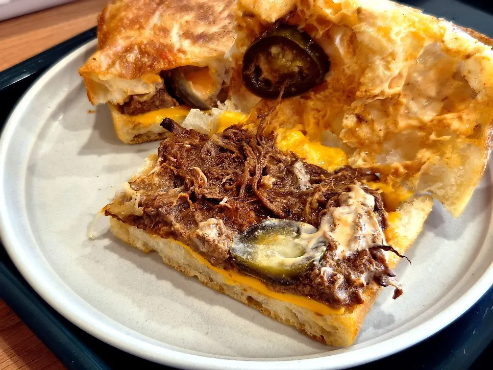 Cross-section of the Mexican beef sandwich loaded with brisket