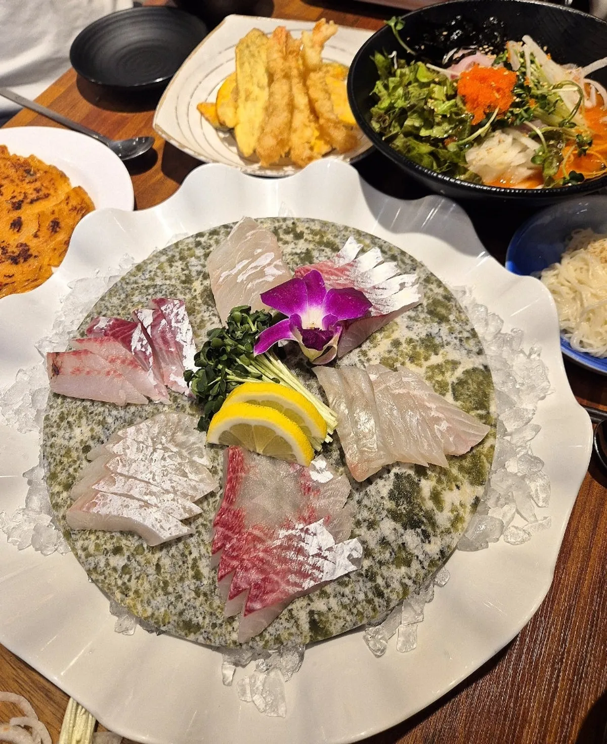 A full spread of the lunch special sashimi set at Veteran General Fish Market