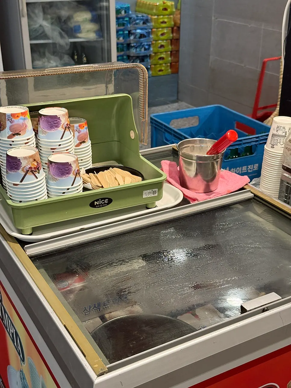 Self-serve kimchi pancake corner where you fry your own batter