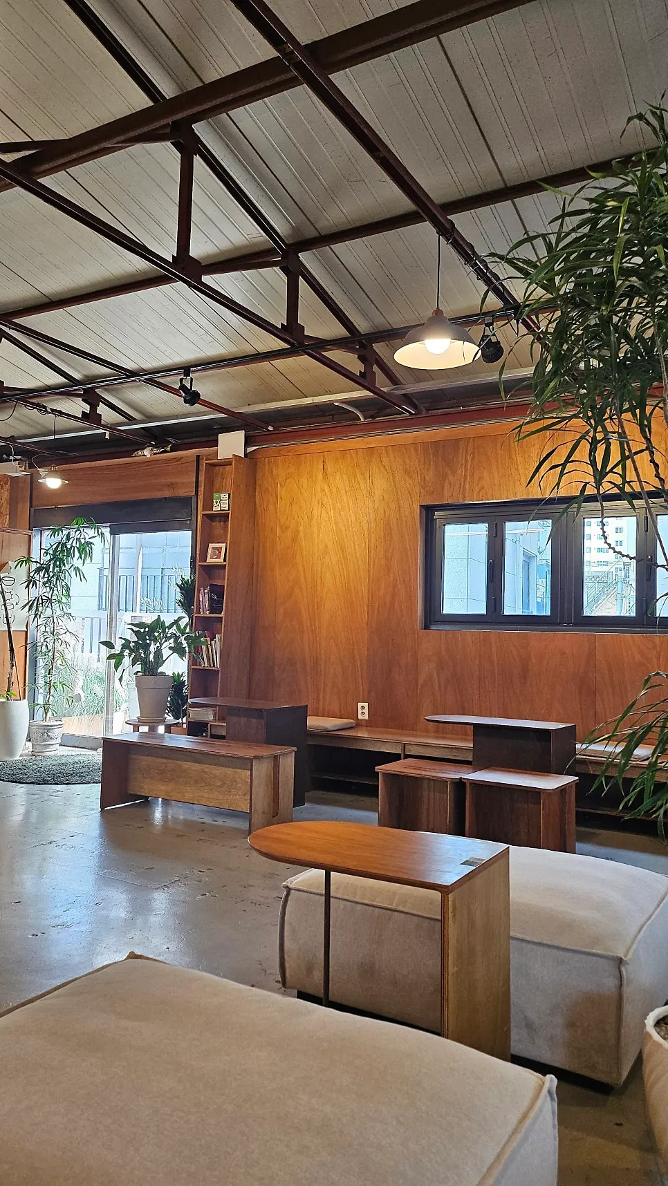 Café seating with backless stool-style sofas